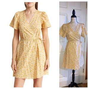 NWT Madewell Ditsy Yellow Floral Short Sleeve Wrap Dress Lightweight Cotton sz L